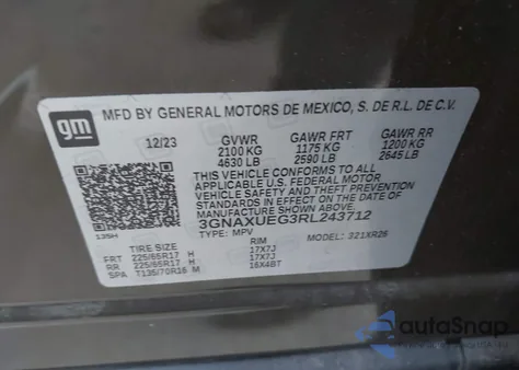 2024 Chevrolet Equinox Awd Lt z USA, uszkodzony, nr VIN 3GNAXUEG3RL243712